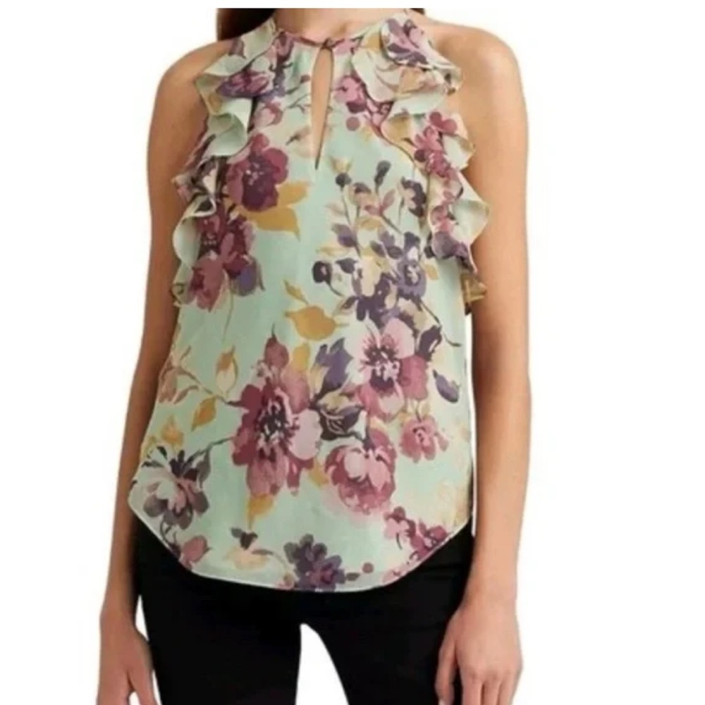 Ralph Lauren Pastel Floral Ruffle Patterned Top SZ 8